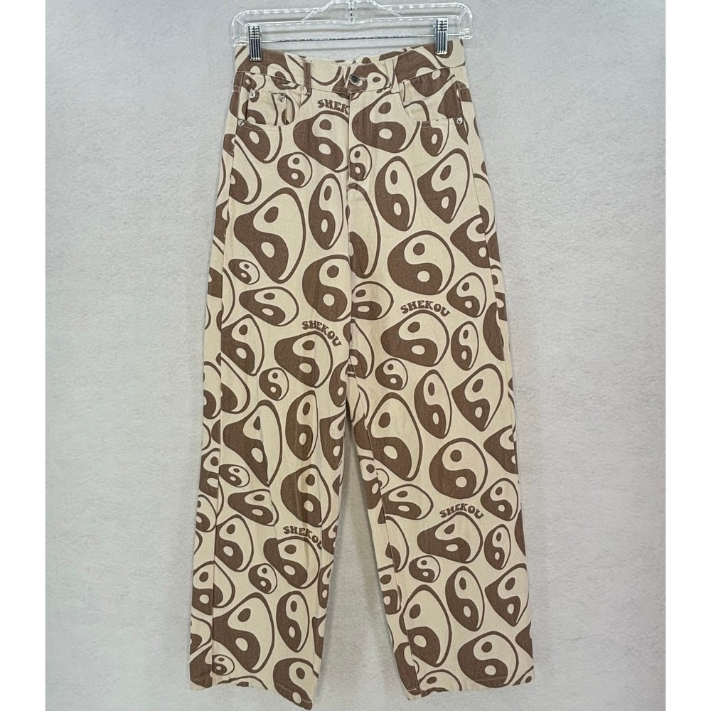 Shekou Yin Yang Print Straight Leg Jeans SMALL Brown Y2K Retro Indie Streetwear